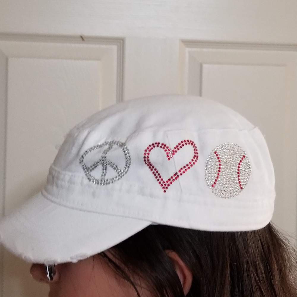 Peace, Love, Baseball Military Hat with Rhinestone
